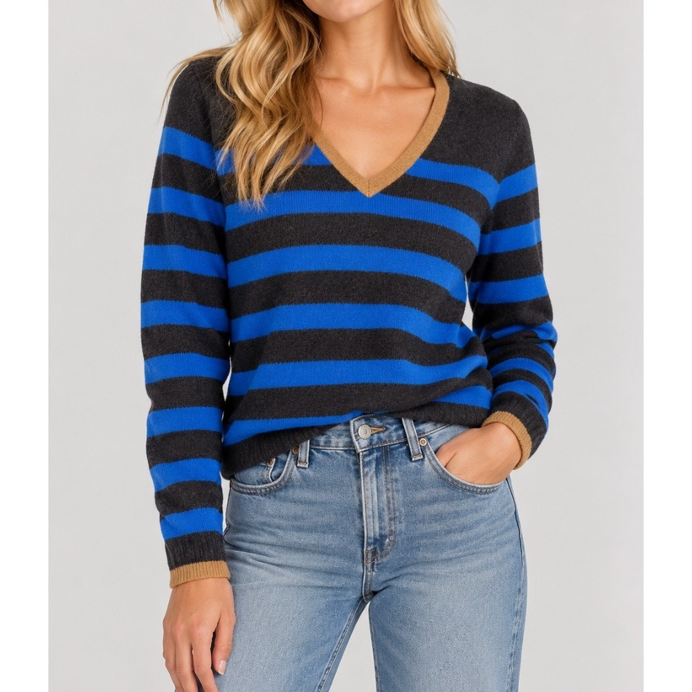 Lord & Taylor Cashmere Sweater Women Small Gray Blue Striped V-Neck Pullover Tgv